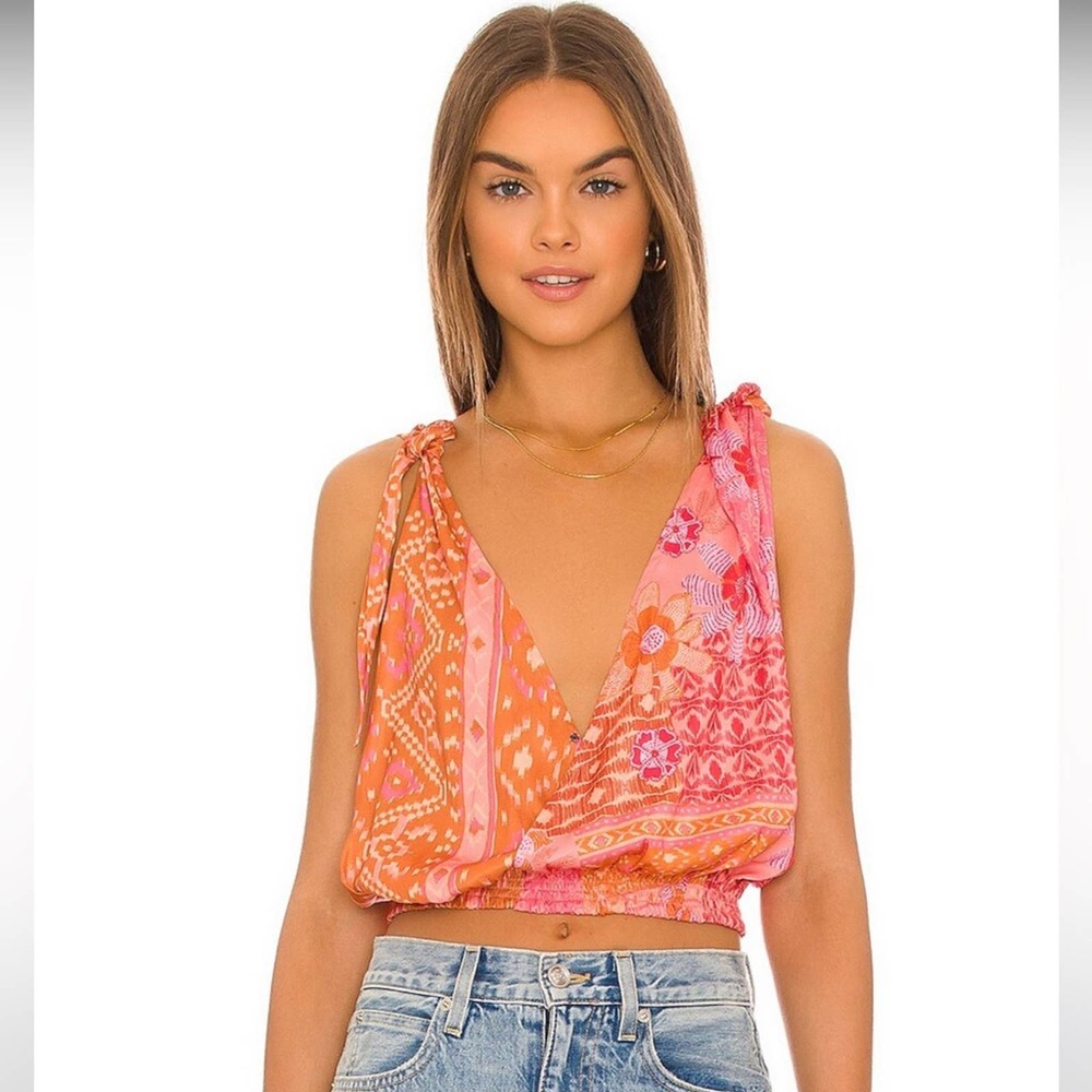 Free People Pink and Orange Printed Tie-Shoulder Tank